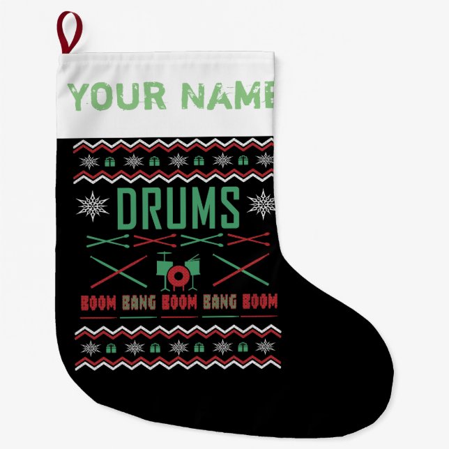 Drum Player Ugly Christmas Sweater Style Large Christmas Stocking (Front)