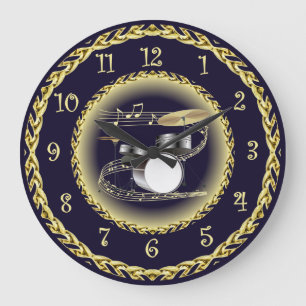 Drum Set 01 ~ Musical Scroll ~ Gold/Navy Blue ~ Large Clock