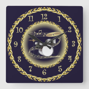 Drum Set 01 ~ Musical Scroll ~ Gold/Navy Blue ~ Square Wall Clock