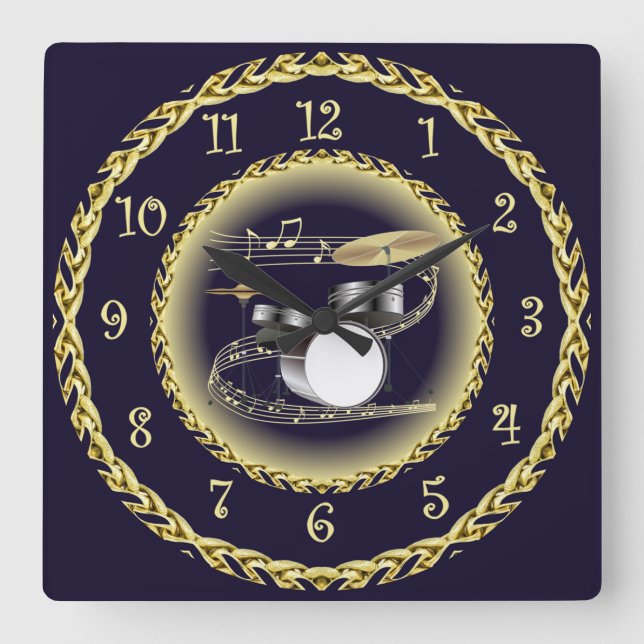 Drum Set 01 ~ Musical Scroll ~ Gold/Navy Blue   ~  Square Wall Clock (Front)