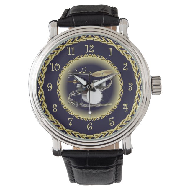 Drum Set 01 ~ Musical Scroll ~ Gold/Navy Blue ~ Watch (Front)