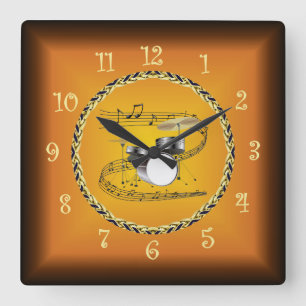 Drum Set 01 On Musical Scroll & Russet Orange ~ Square Wall Clock