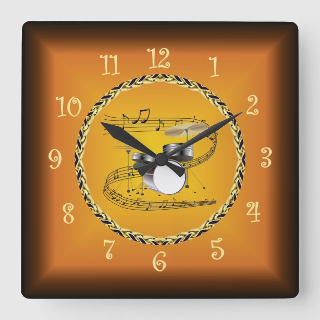 Drum Set 01 On Musical Scroll & Russet Orange ~  Square Wall Clock (Front)