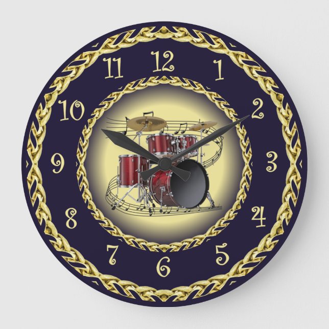 Drum Set 02 ~ Musical Scroll ~ Gold/Navy Blue  ~ Large Clock (Front)