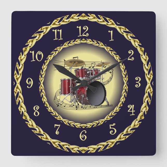 Drum Set 02 ~ Musical Scroll ~ Gold/Navy Blue  ~  Square Wall Clock (Front)