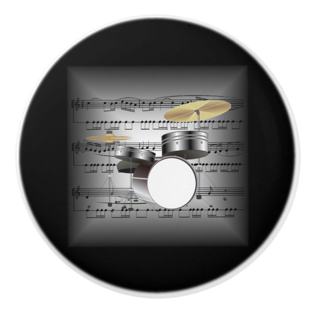 Drum Set ~ 3-D Sheet Music Pillow ~Grey/Black BG~ Ceramic Knob (Front)
