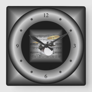 Drum Set ~ 3-D Sheet Music ~ Pillow Silver/Black ~ Square Wall Clock