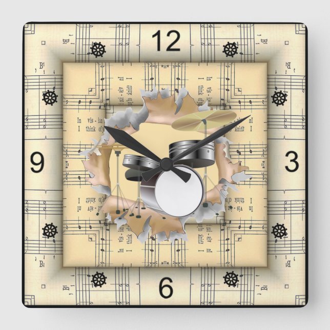Drum Set ~ Breaking Through Strange Sheet Music ~  Square Wall Clock (Front)