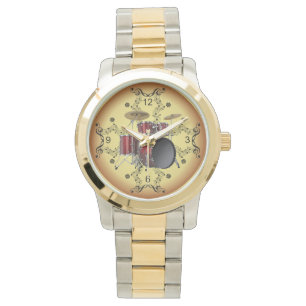 Drum Set ~ Musical Scroll ~ Golden Background ~ Watch