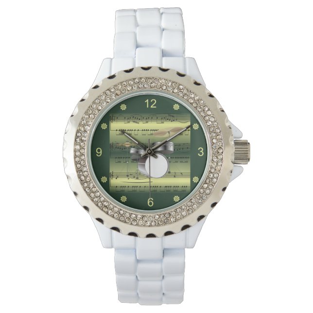 Drum Set~Rolled Sheet Music~Gold/Green Background  Watch (Front)