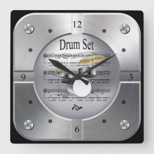 Drum Set ~ Sheet Music ~ Brushed Silver Color ~ Square Wall Clock
