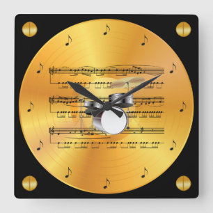 Drum Set ~ Sheet Music ~ Gold Record ~ Square Wall Clock