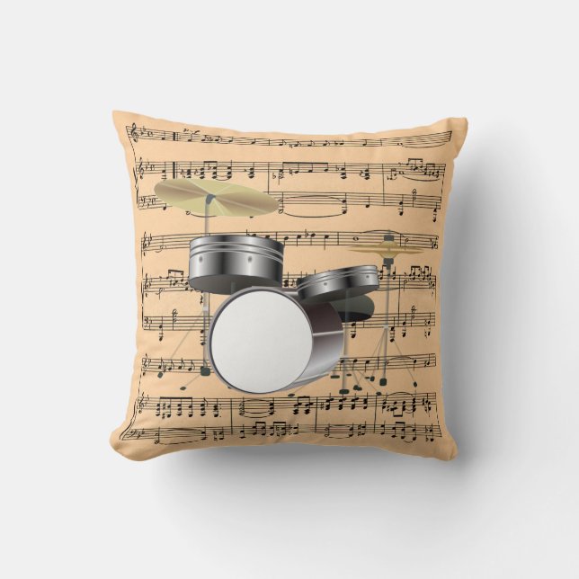 Drum Set w/Sheet Music Background ~ Musical Instru Throw Pillow (Front)