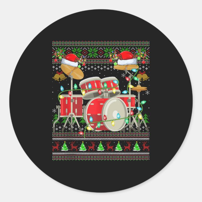 Drum Ugly Christmas Sweater Musical Drum Player Dr Classic Round Sticker (Front)