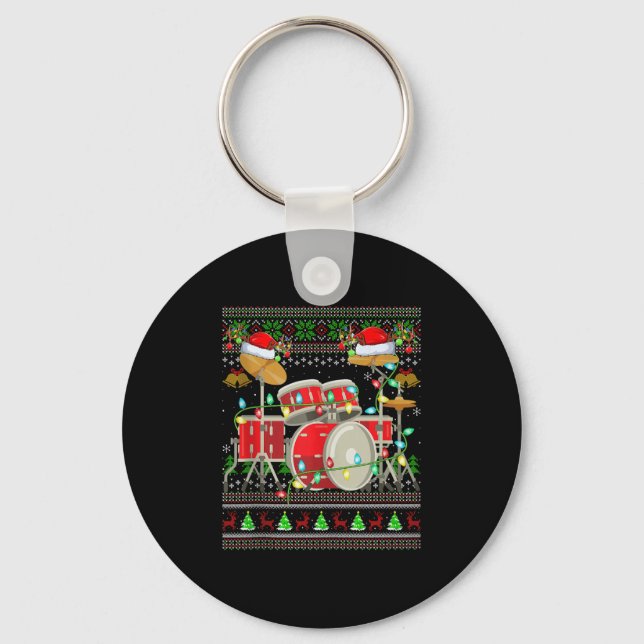 Drum Ugly Christmas Sweater Musical Drum Player Dr Keychain (Front)