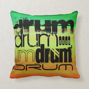 Drum; Vibrant Green, Orange, & Yellow Throw Pillow