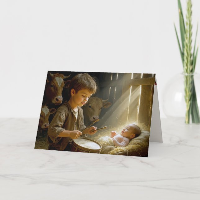 Drummer Boy Playing His Drum for Baby in Manger Card (Front)
