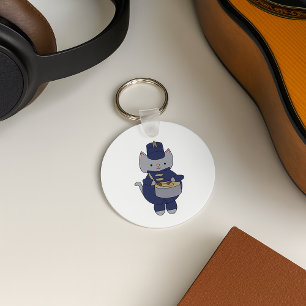 Drummer Cat Marching Band Navy Blue Gold Keychain