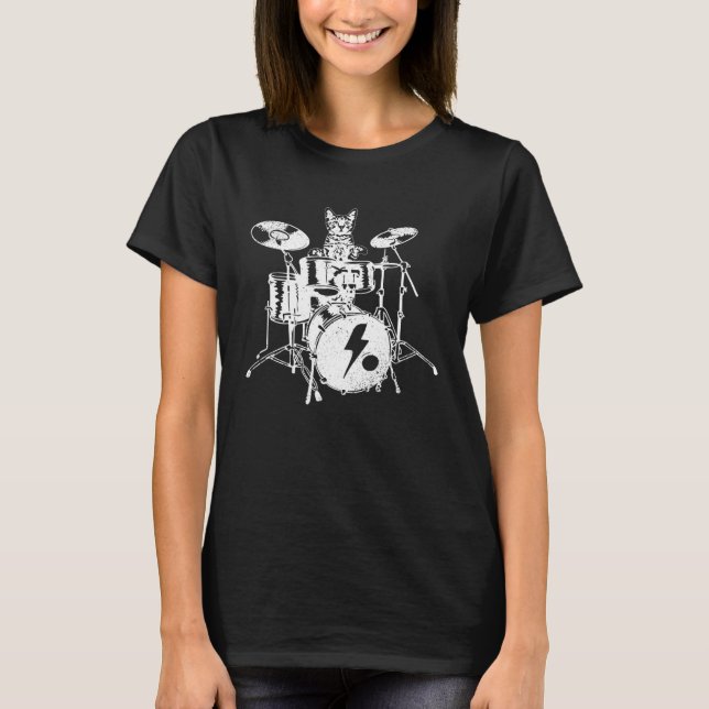 Drummer Cat Rock And Roll Drum Meow Kitty Heavy Me T-Shirt (Front)