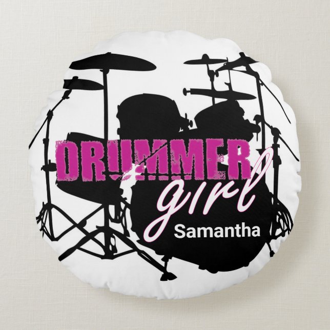Drummer Girl First Name Grunge Purple with Text Ro Round Pillow (Front)
