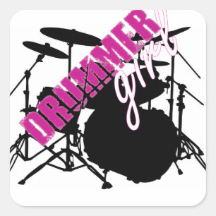 Drummer Girl Purple and White Text with Drum Kit Square Sticker