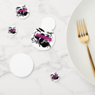 Drummer Girl with Fun Purple and Black Grunge Text Confetti