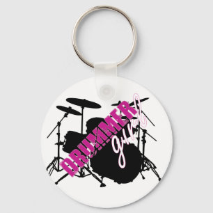 Drummer Girl with Fun Purple and Black Grunge Text Keychain
