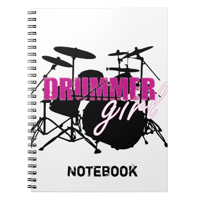 Drummer Girl with Fun Purple and Black Grunge Text Notebook (Front)