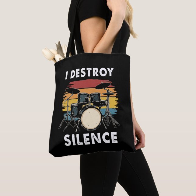 Drummer I Destroy Silence Drum Tote Bag (Close Up)