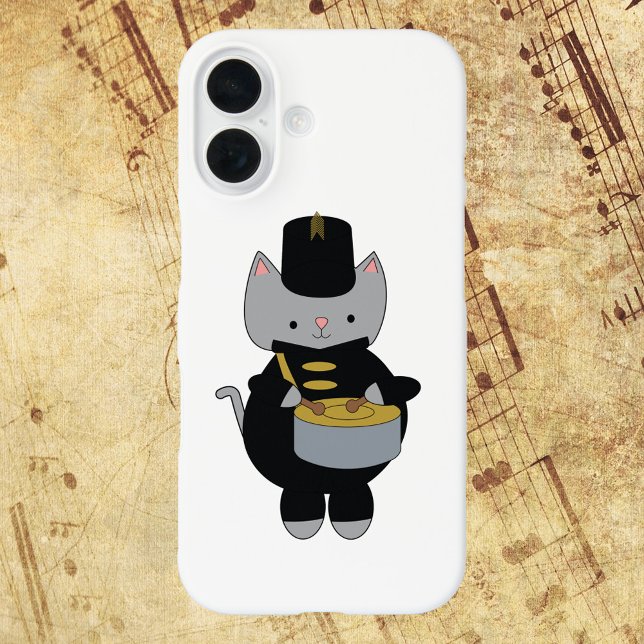 Drummer Marching Band Cat Black Gold Case-Mate iPhone Case (A phone case with a cat playing the snare drum while wearing a black & gold marching band uniform)