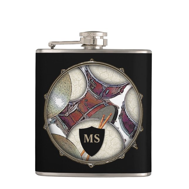 Drummer Monogram Snare Drum Kit Drumstick Musician Hip Flask (Front)