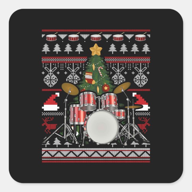 Drummer Musical Instrument Ugly Christmas Square Sticker (Front)