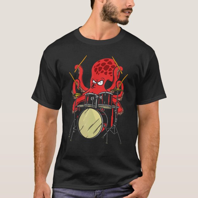 Drummer Octopus Drumstick Playing Drum Sea Animal  T-Shirt (Front)