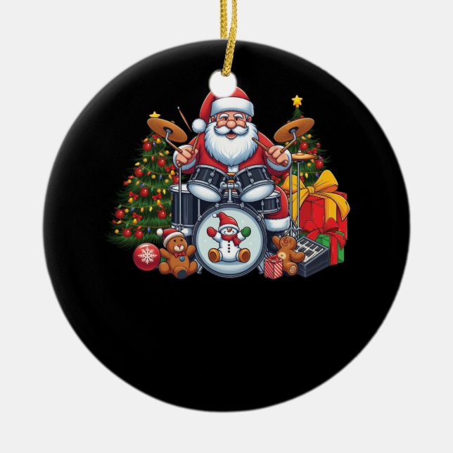 Drummer Santa Playing Drums Christmas Drumming San Ceramic Ornament (Front)