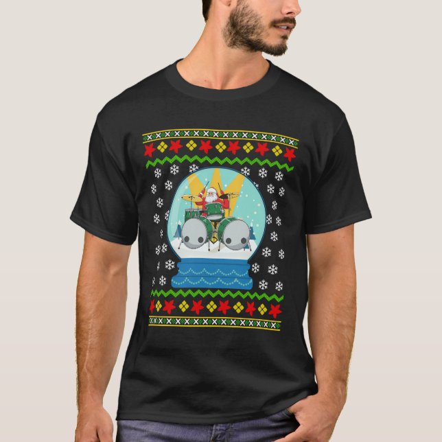 Drummer Santa Snow Globe Ugly Christmas Drums Perc T-Shirt (Front)