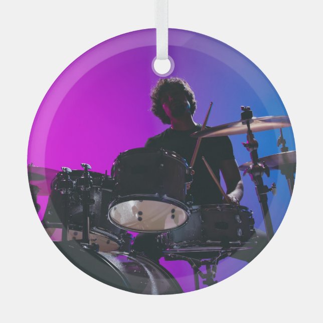 Drummer silhouette, neon blue-pink background. glass ornament (Front)