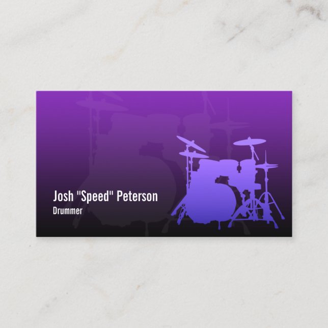 Drummer's Drum Kit Silhouette Violet Business Card (Front)