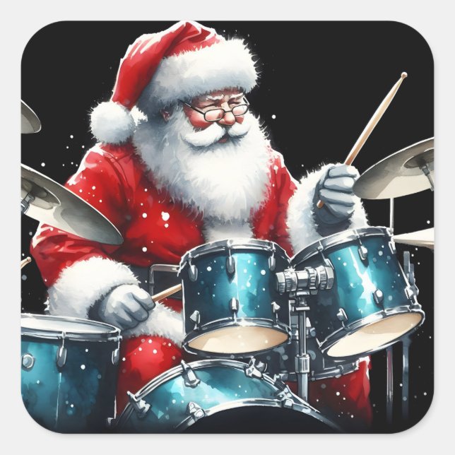 Drumming Santa Spreads Rocking Holiday Cheer Square Sticker (Front)