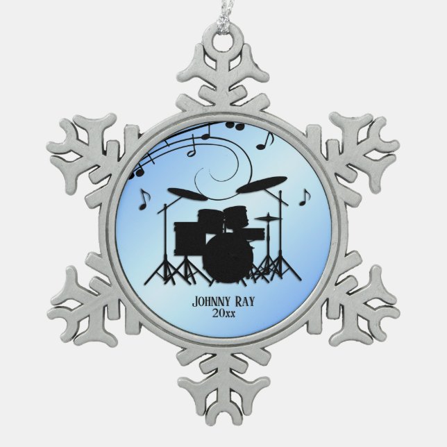 Drums Blue Personal Name and Date Snowflake Pewter Christmas Ornament (Front)