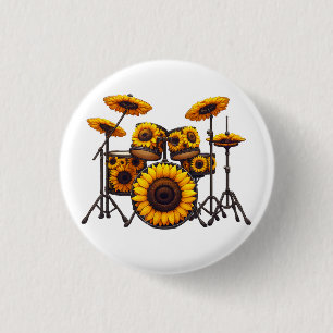 Drums Sunflower Flower Musician Music Floral 1 Inch Round Button