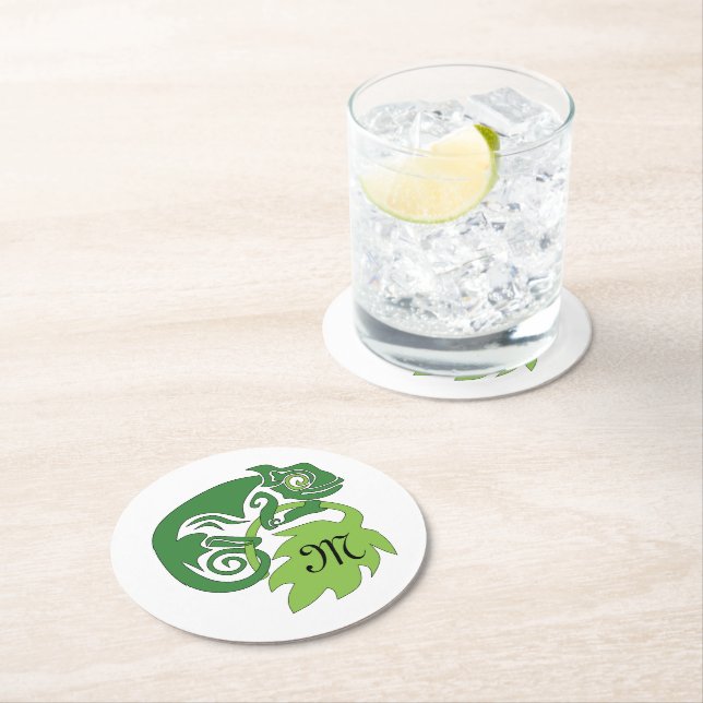 Drunk Green Chameleon Lizard Hanging Out Round Paper Coaster (Insitu)