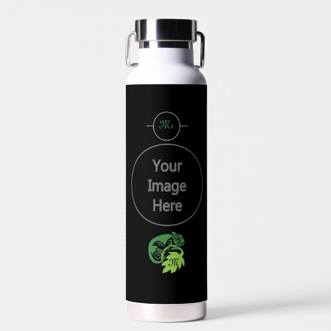 Drunk Green Chameleon Lizard Hanging Out Water Bottle (Front)