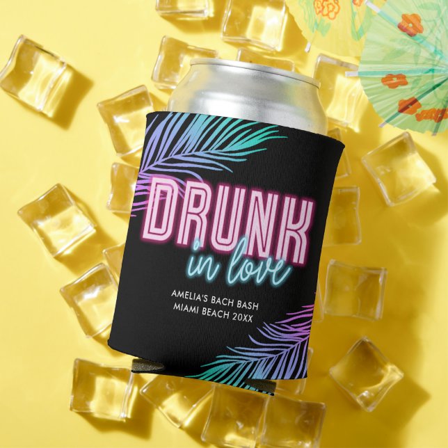 Drunk In Love Neon Blue & Pink Tropical Bach Can Cooler (In Situ Summer)
