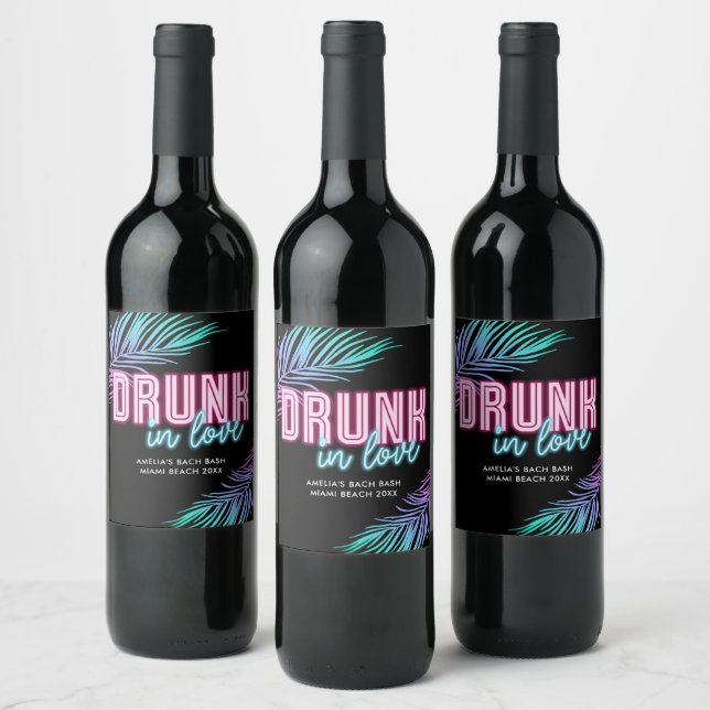 Drunk In Love Neon Blue & Pink Tropical Bach Wine Label (Bottles)