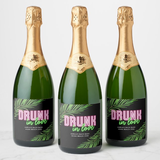 Drunk In Love Neon Green & Pink Tropical Bach Sparkling Wine Label (Bottles)