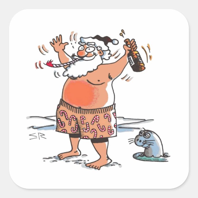 Drunk Santa large square stickers (Front)
