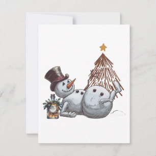 Drunk snowman with a bottle of whiskey. card