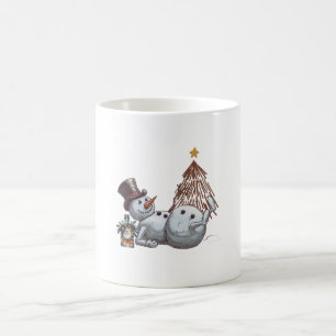 Drunk snowman with a bottle of whiskey. coffee mug