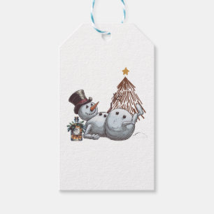 Drunk snowman with a bottle of whiskey. gift tags