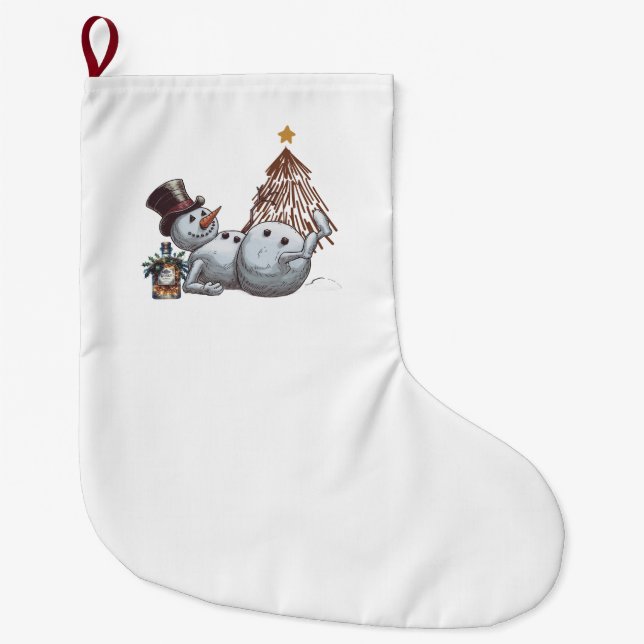 Drunk snowman with a bottle of whiskey. large christmas stocking (Front)